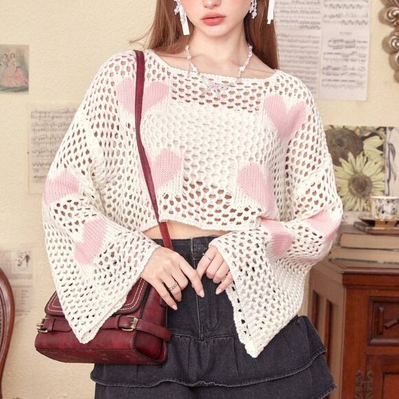White Boho Womens Heart Pattern Drop Shoulder Open Knit Sweater - Picture 1 of 5